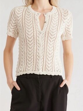 Jason Wu Pearl Pointelle Lace Cardigan Sweater Beige Scallop Short Sleeve M